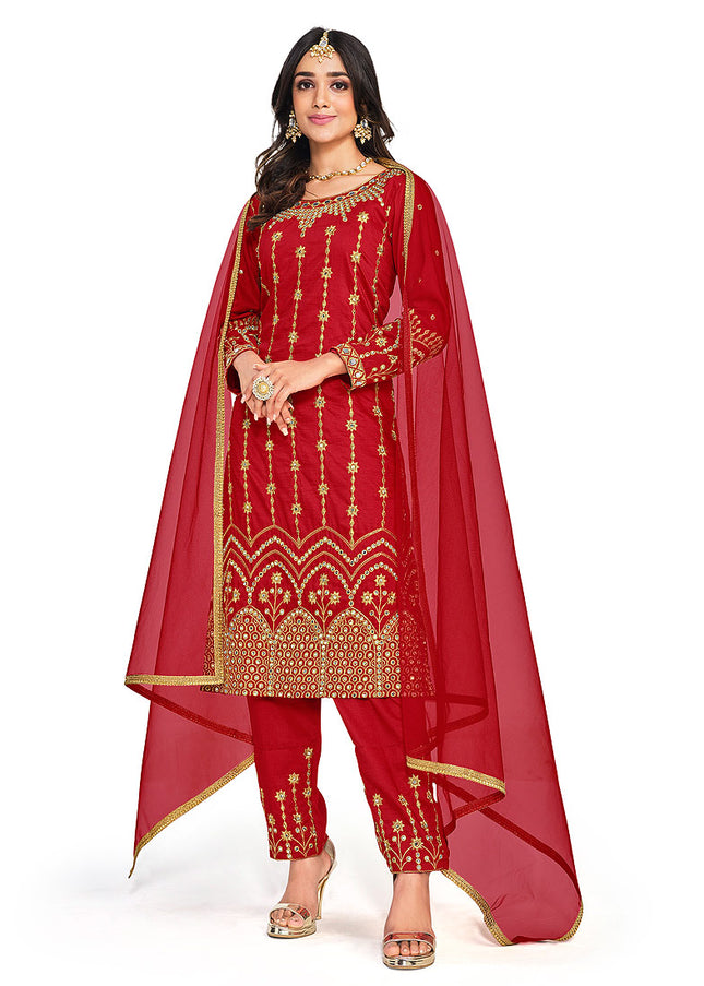 Red and Gold Embroidered Pant Style Suit