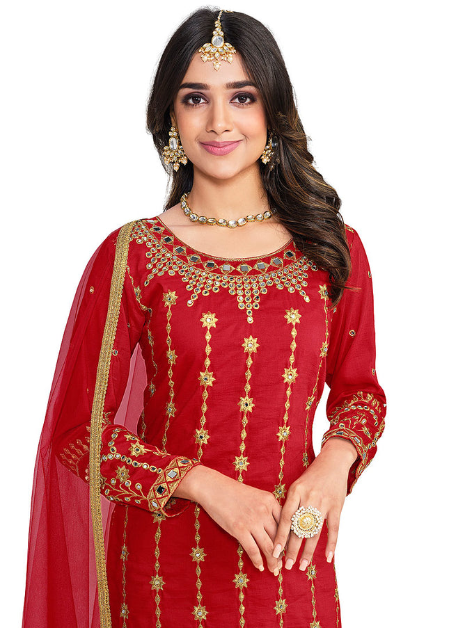 Red and Gold Embroidered Pant Style Suit