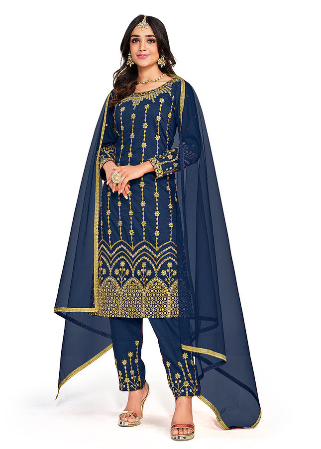 Blue and Gold Embroidered Pant Style Suit