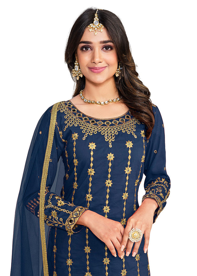 Blue and Gold Embroidered Pant Style Suit