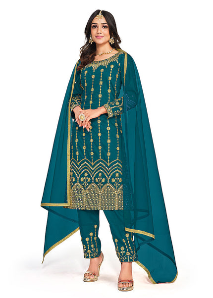 Teal and Gold Embroidered Pant Style Suit