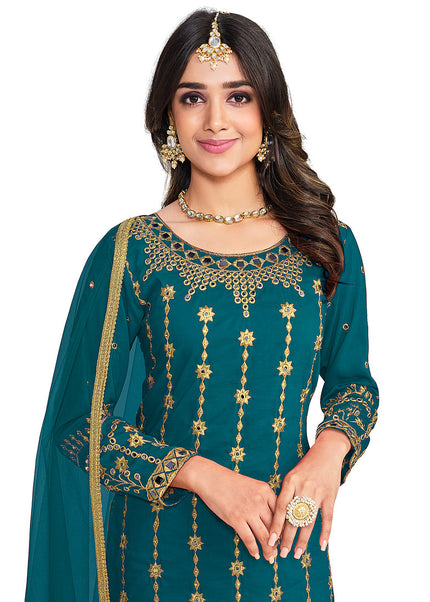 Teal and Gold Embroidered Pant Style Suit