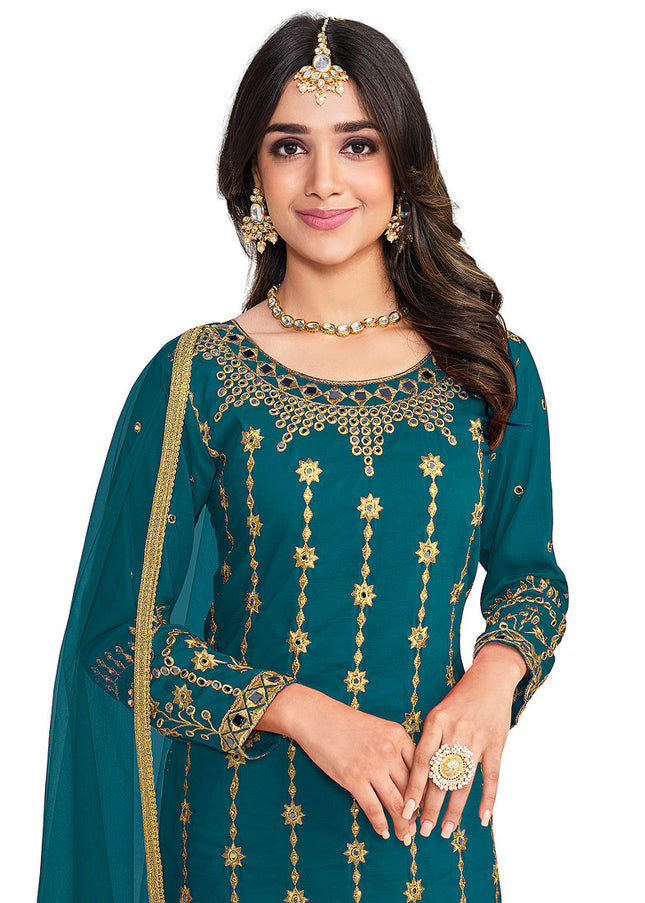 Teal and Gold Embroidered Pant Style Suit