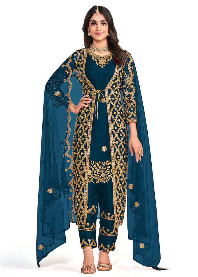 Blue and Gold Embroidered Jacket Style Suit