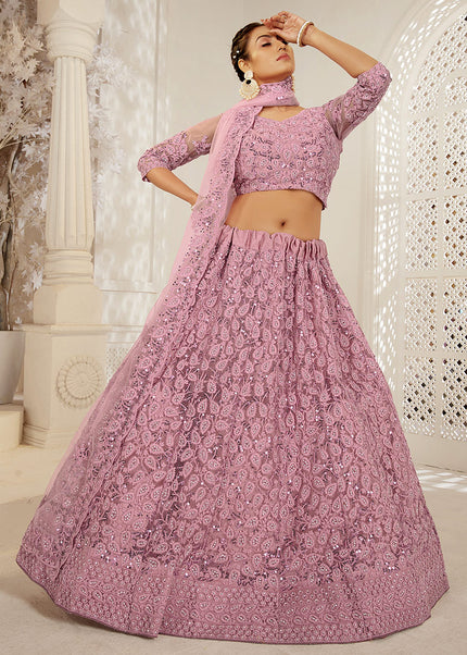 Light Pink Heavy Embroidered Net Lehenga 