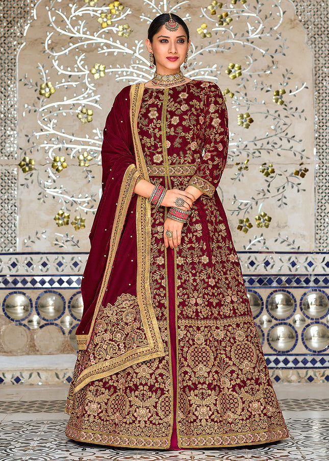 Maroon Embroidered Velvet Lehenga Anarkali