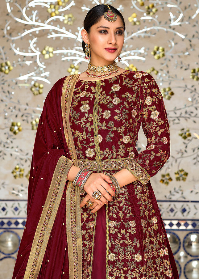 Maroon Embroidered Velvet Lehenga Anarkali
