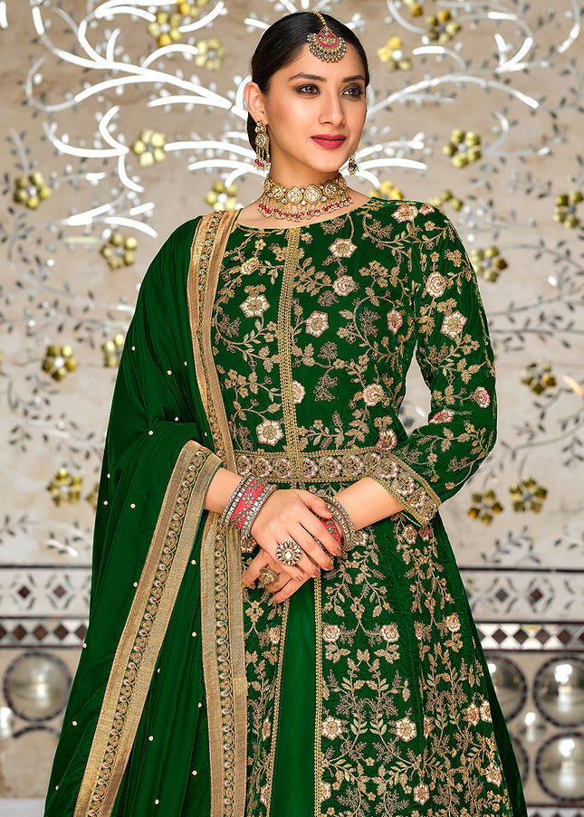 Green Embroidered Velvet Lehenga Anarkali