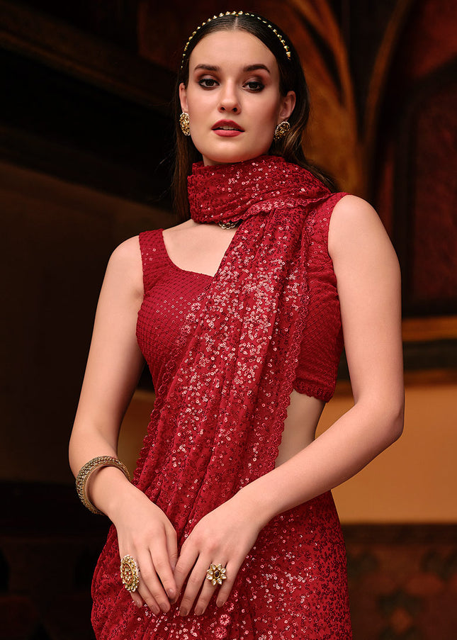 Red Sequence Embroidered Saree