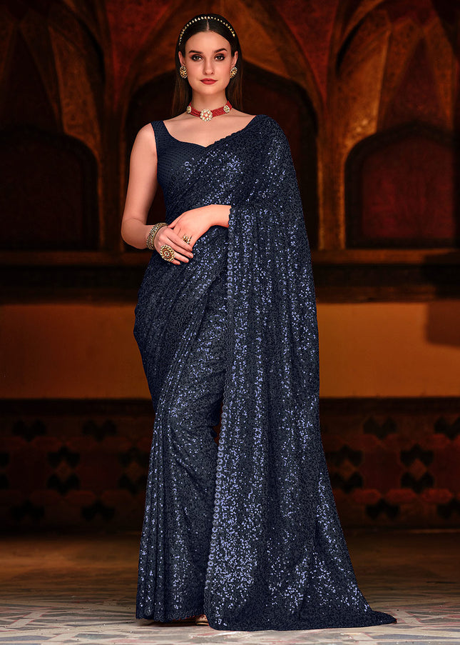 Blue Sequence Embroidered Saree