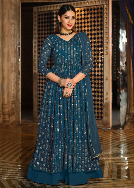 Teal and Gold Embroidered Lehenga Anarkali