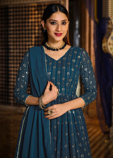 Teal and Gold Embroidered Lehenga Anarkali