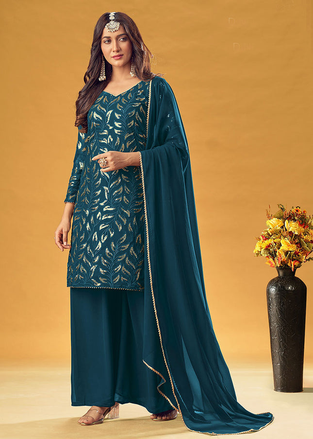 Teal and Gold Embroidered Palazzo Suit