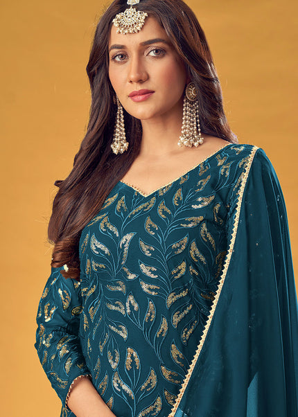 Teal and Gold Embroidered Palazzo Suit