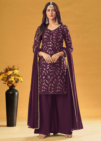 Purple and Gold Embroidered Palazzo Suit