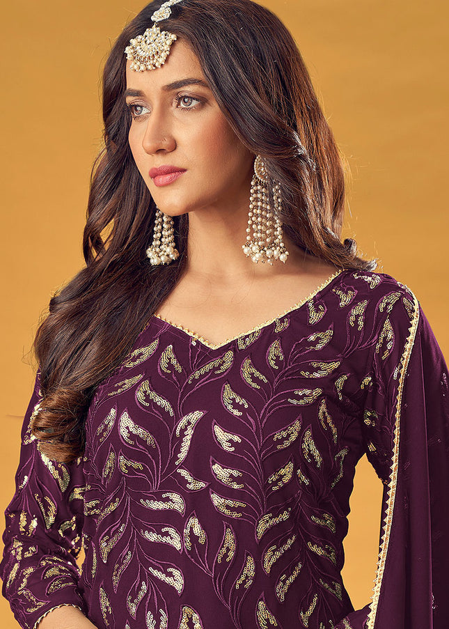 Purple and Gold Embroidered Palazzo Suit