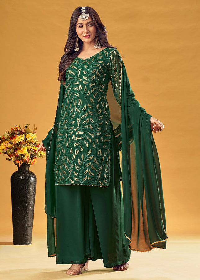 Green and Gold Embroidered Palazzo Suit