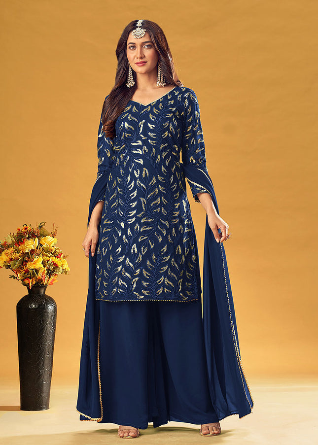 Blue and Gold Embroidered Palazzo Suit