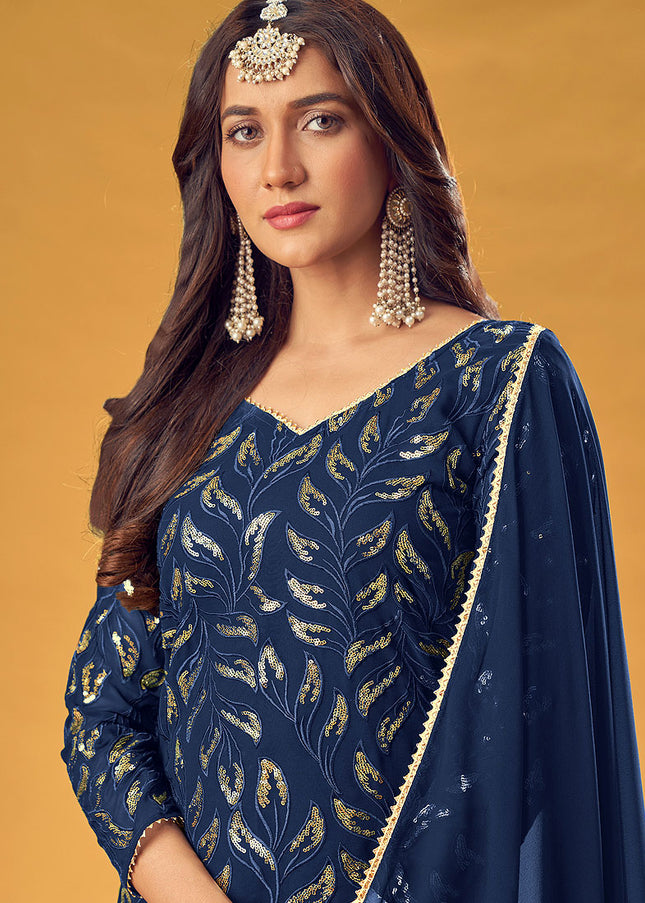 Blue and Gold Embroidered Palazzo Suit