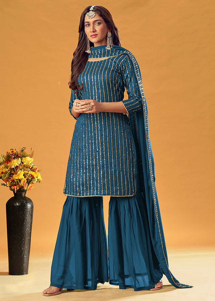 Teal and Gold Embroidered Gharara Suit