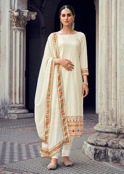 Cream and Gold Embroidered Straight Suit