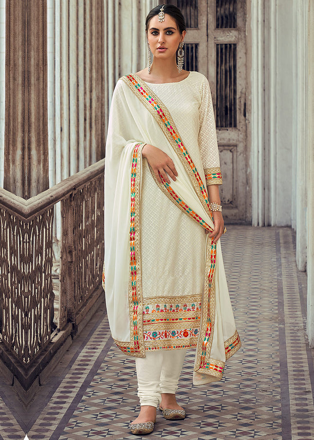 Cream and Gold Embroidered Straight Suit