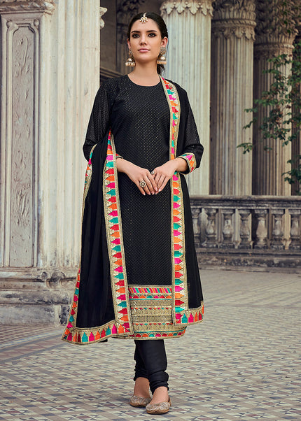 Black and Gold Embroidered Straight Suit