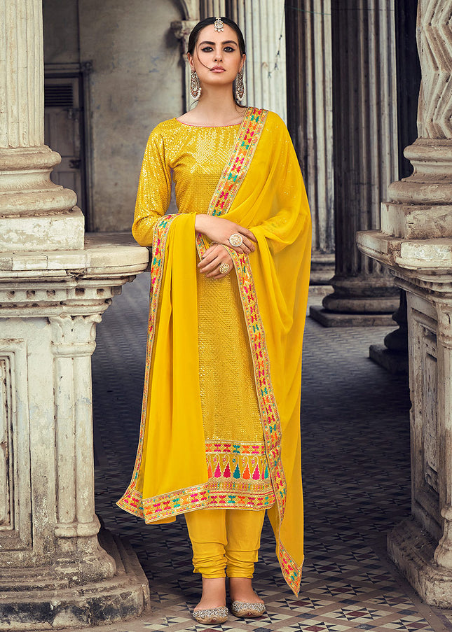 Mustard Yellow Embroidered Straight Suit