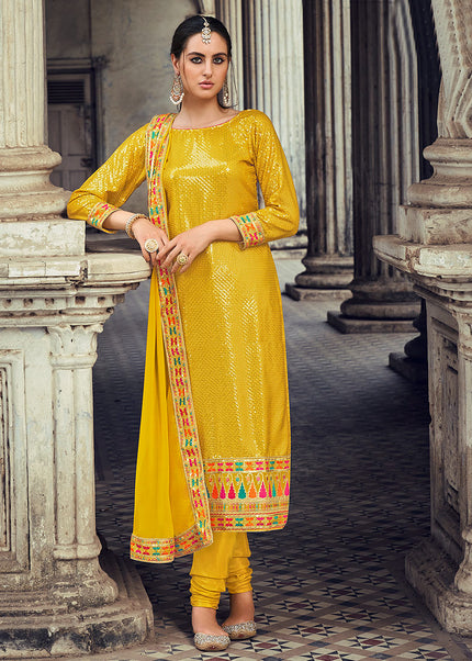 Mustard Yellow Embroidered Straight Suit