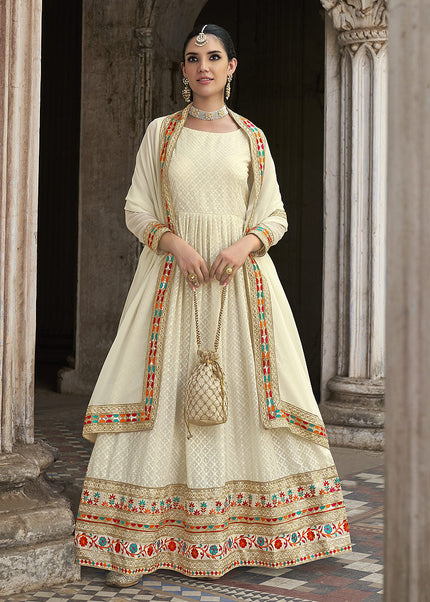 Offwhite and Gold Embroidered Anarkali