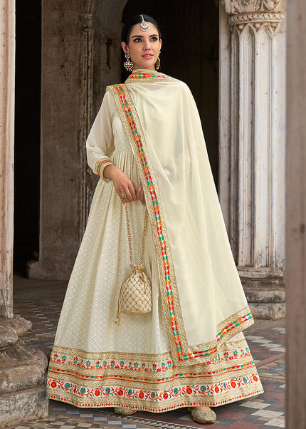 Offwhite and Gold Embroidered Anarkali