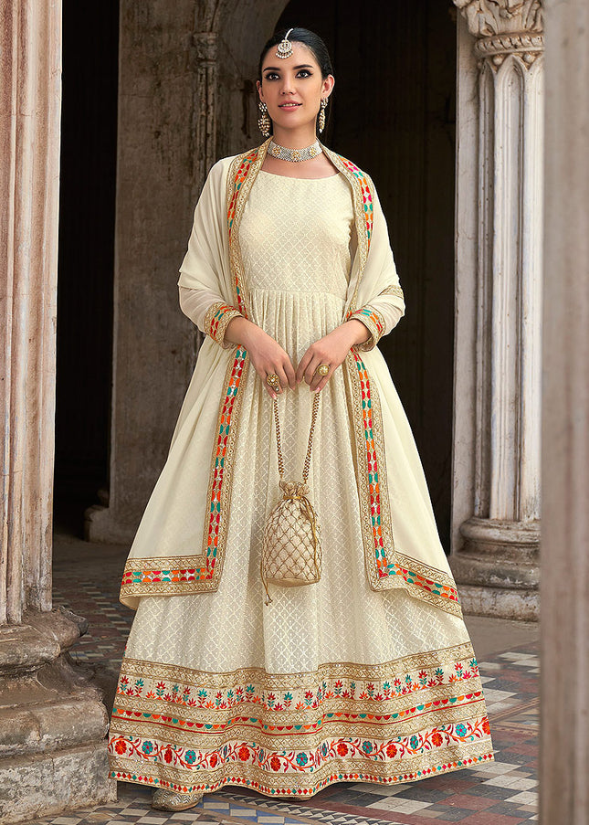 Offwhite and Gold Embroidered Anarkali