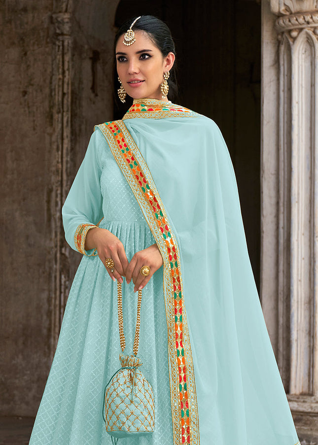Sky Blue  and Gold Embroidered Anarkali