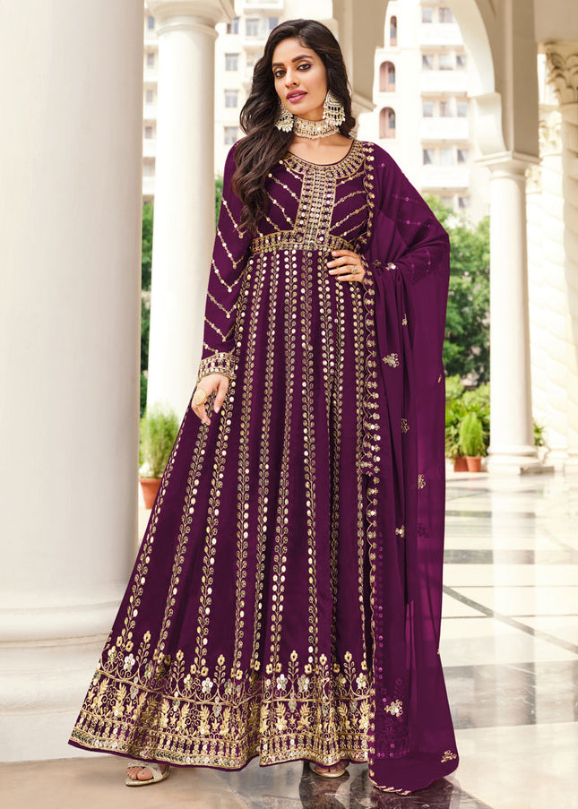 Magneta and Gold Embroidered Anarkali