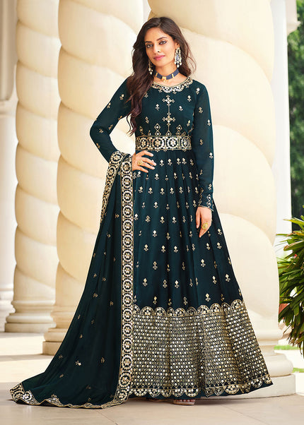 Teal and Gold Embroidered Anarkali