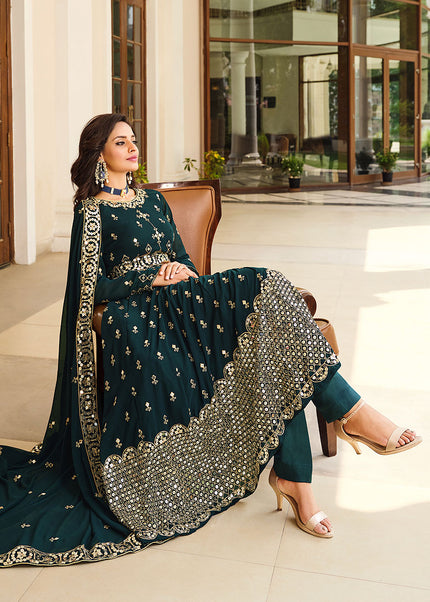 Teal and Gold Embroidered Anarkali