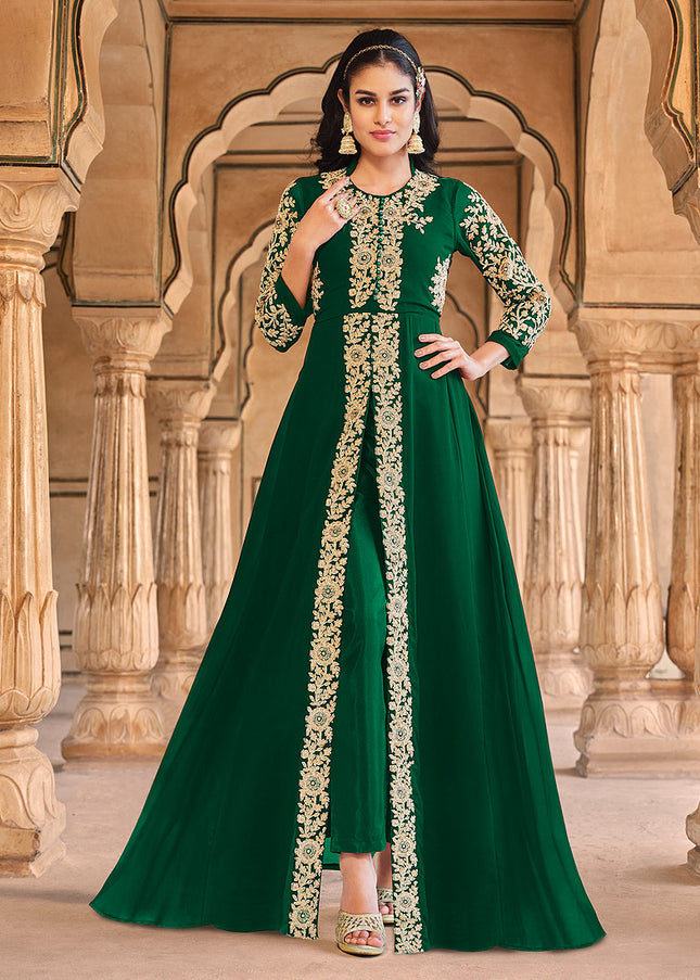 Green and Gold Embroidered Pant Style Anarkali