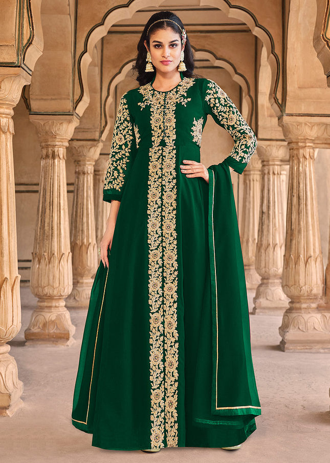 Green and Gold Embroidered Pant Style Anarkali