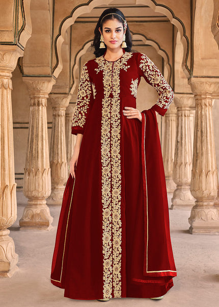 Maroon and Gold Embroidered Pant Style Anarkali