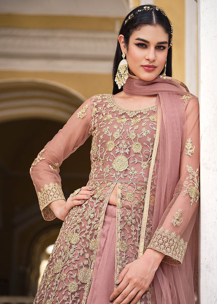 Peach and Gold Embroidered Lehenga/ Pant Style Anarkali