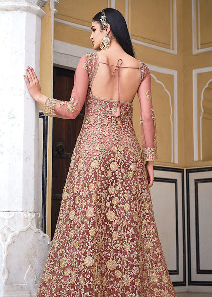 Peach and Gold Embroidered Lehenga/ Pant Style Anarkali