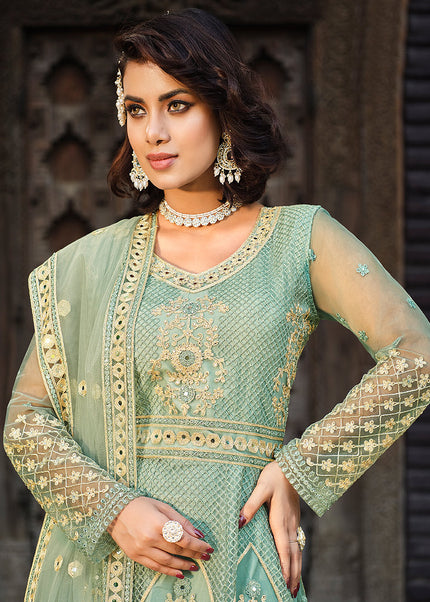 Mint Green and Gold Embroidered Anarkali