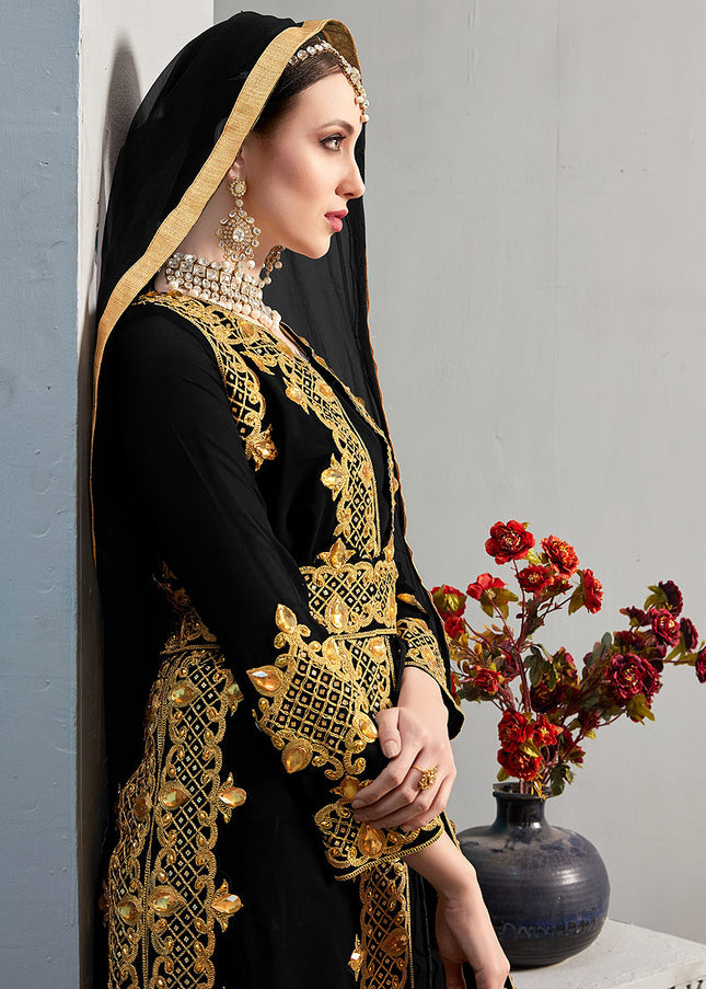 Black and Gold Embroidered Jacket Style Suit