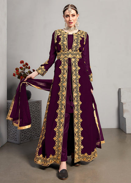 Purple and Gold Embroidered Jacket Style Suit