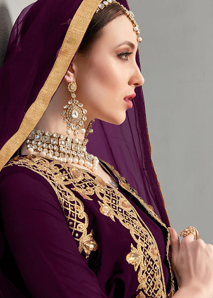 Purple and Gold Embroidered Jacket Style Suit