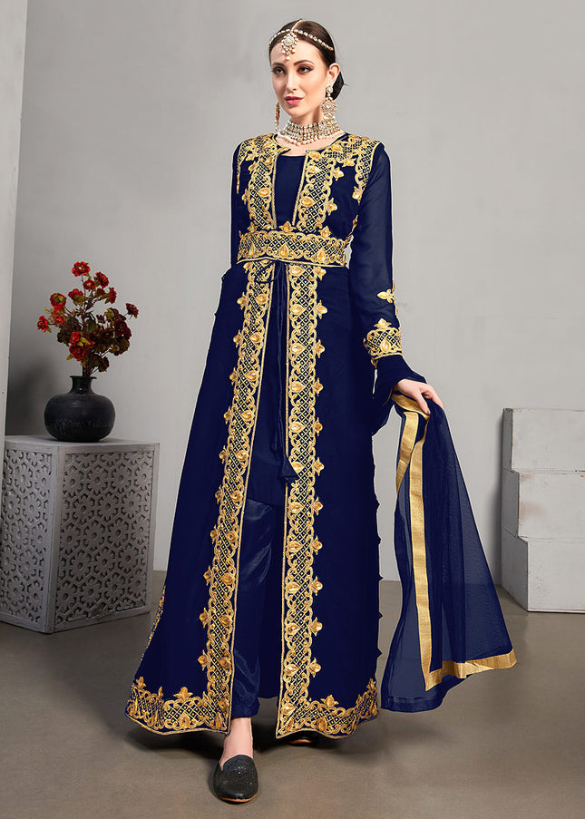 Blue and Gold Embroidered Jacket Style Suit