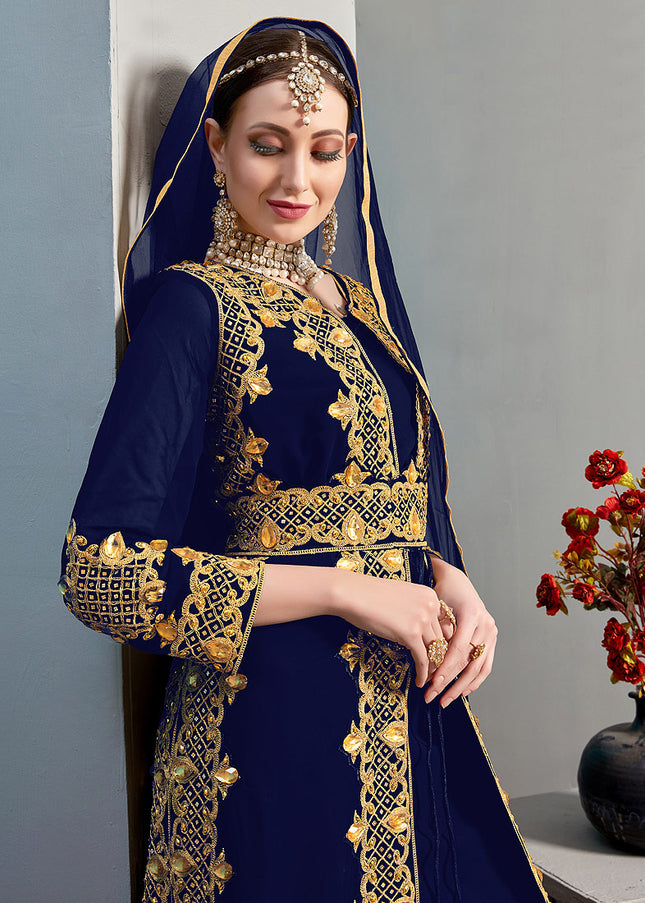 Blue and Gold Embroidered Jacket Style Suit