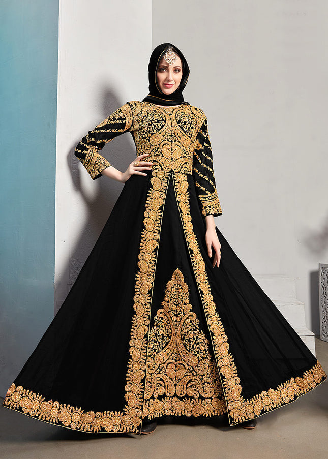 Black and Gold Embroidered Jacket Style Anarkali