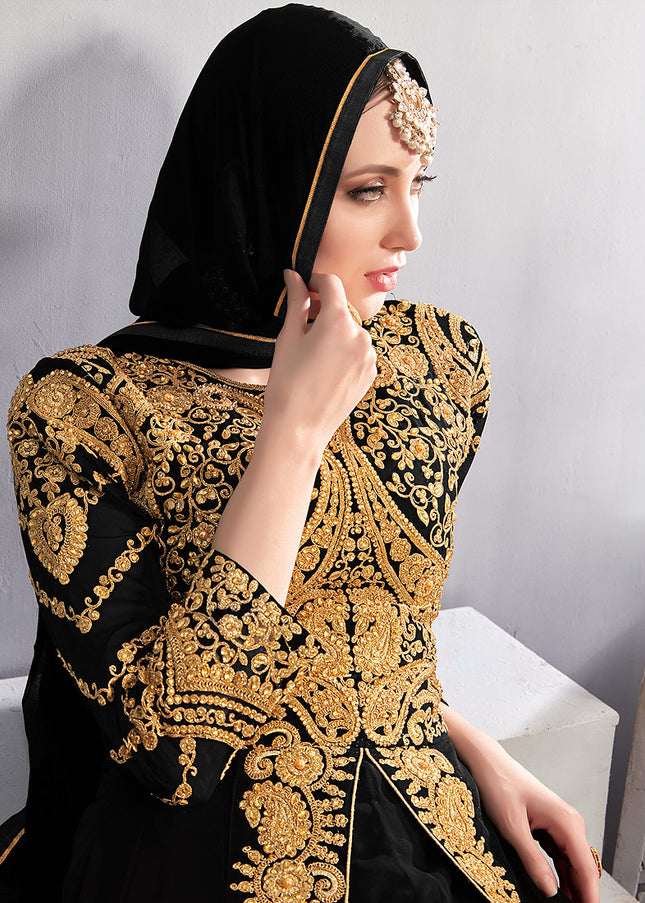 Black and Gold Embroidered Jacket Style Anarkali