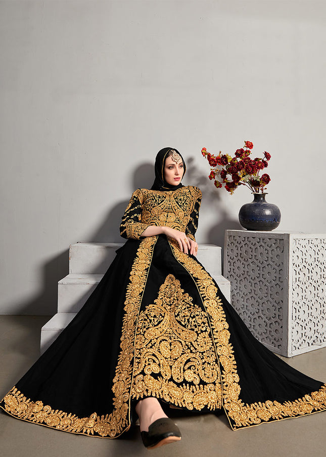 Black and Gold Embroidered Jacket Style Anarkali